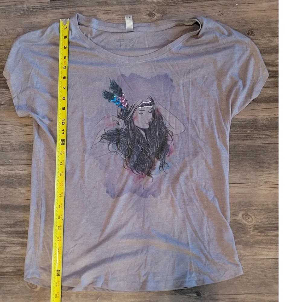 Our SocieTee Womens Boho‎ Graphic T-Shirt Sequin Feather Detail Taupe Size M